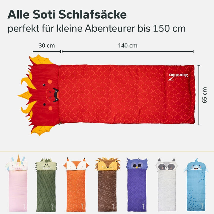 Skandika Kinderschlafsack Soti | Camping Schlafsack für Kinder bis 150 cm, buntes Design mit Tiermot
