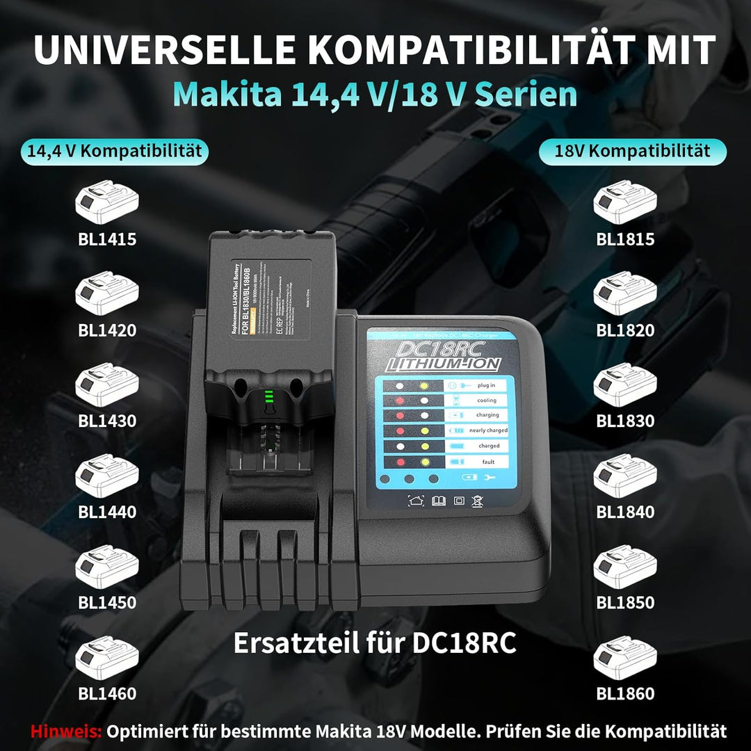 DC18RC Schnellladegerät, kompatibel mit Makita 14,4 V–18 V Akkus, geeignet für Modelle wie BL1815N,