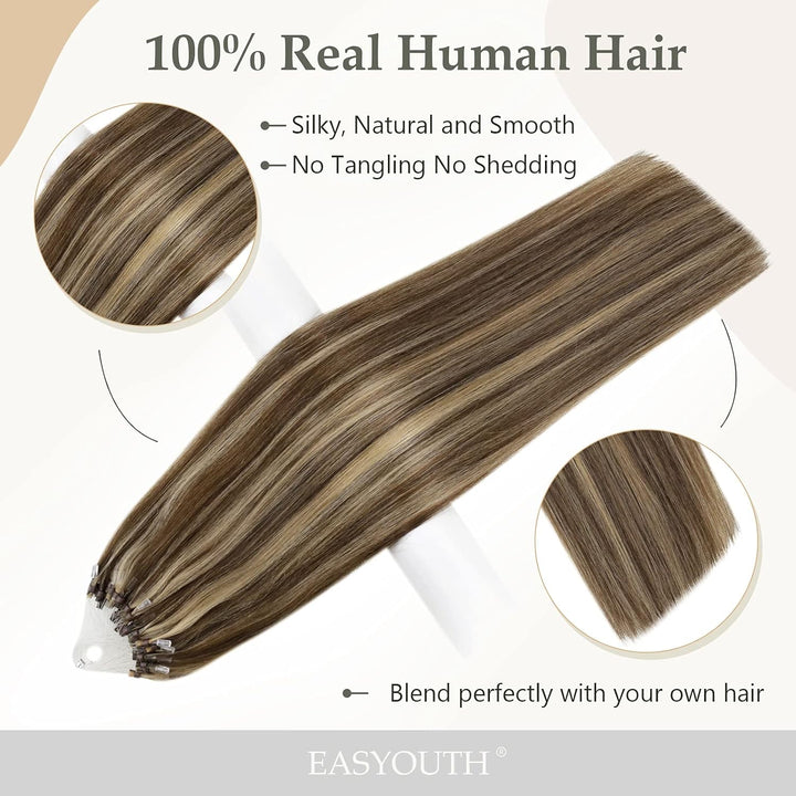 Easyouth Braun Microring Extension Echthaar Micro Extensions Mittelbraun Mix Honigblond Microring Ha