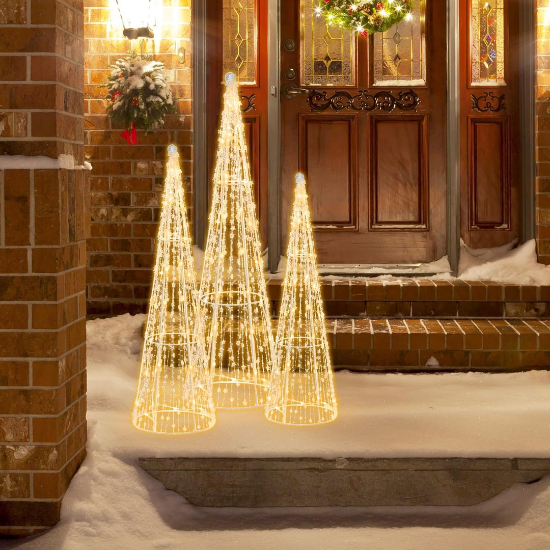 COSTWAY 3er Set LED Weihnachtsbaum in Kegelform, beleuchtete Weihnachtsdeko mit 90 warmweissen LED-L