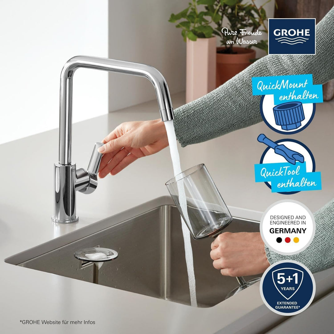 GROHE Start, Niederdruck Küchenarmatur mit hohem Auslauf (Wasserhahn Küche für offene Warmwasserbere