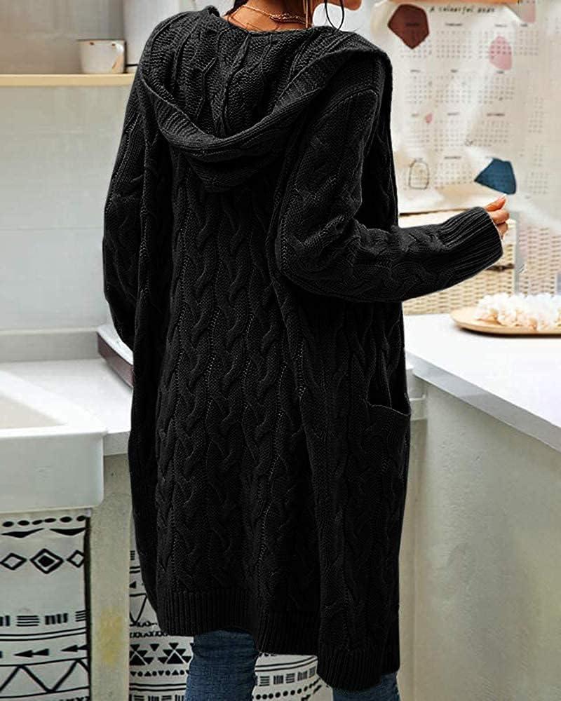 GeGekoko Strickjacke Damen mit Kapuze Langarm Grobstrick-Cardigan Open Front Sweater Herbst Winter C