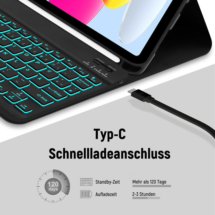 Tastatur Hülle für iPad A16 11/10 Generation (2025/2022, 11/10.9 Zoll)- 7 Farben Beleuchtete Magneti