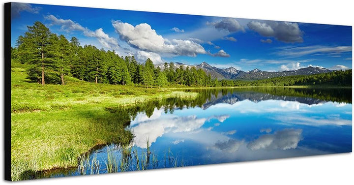 Paul Sinus Art Panoramabild auf Leinwand und Keilrahmen 150x50cm Russland Wald Wiese See Wolken