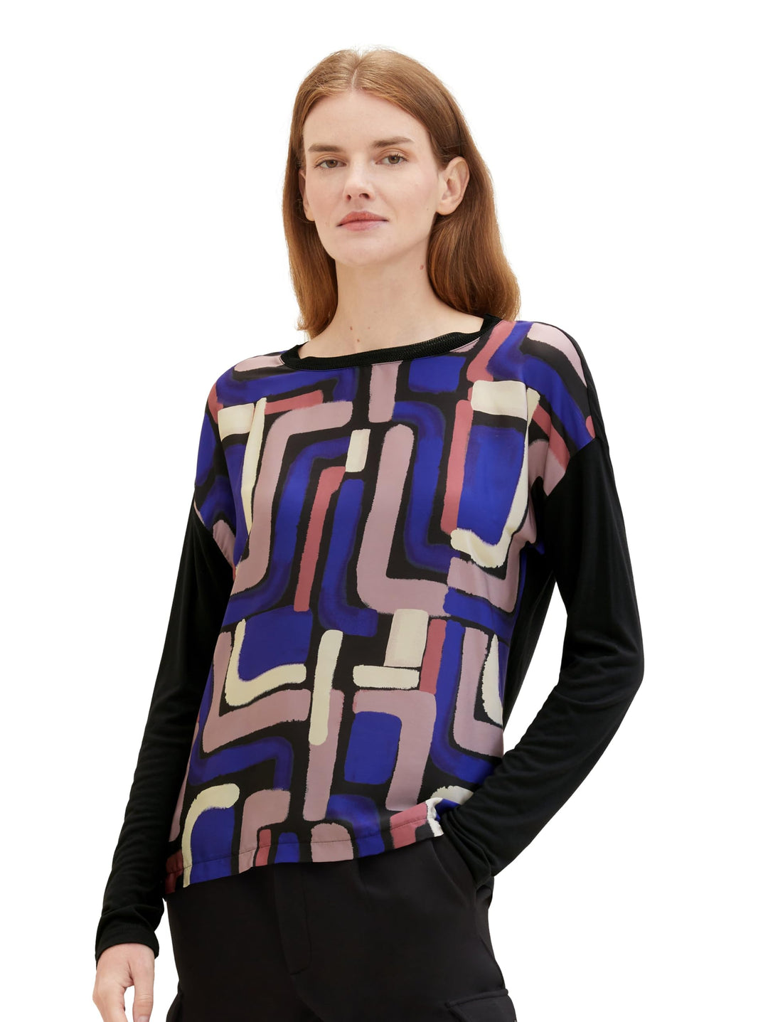 TOM TAILOR Damen Basic Langarmshirt mit Muster XXS 33970 - Black Abstract Design, XXS 33970 - Black