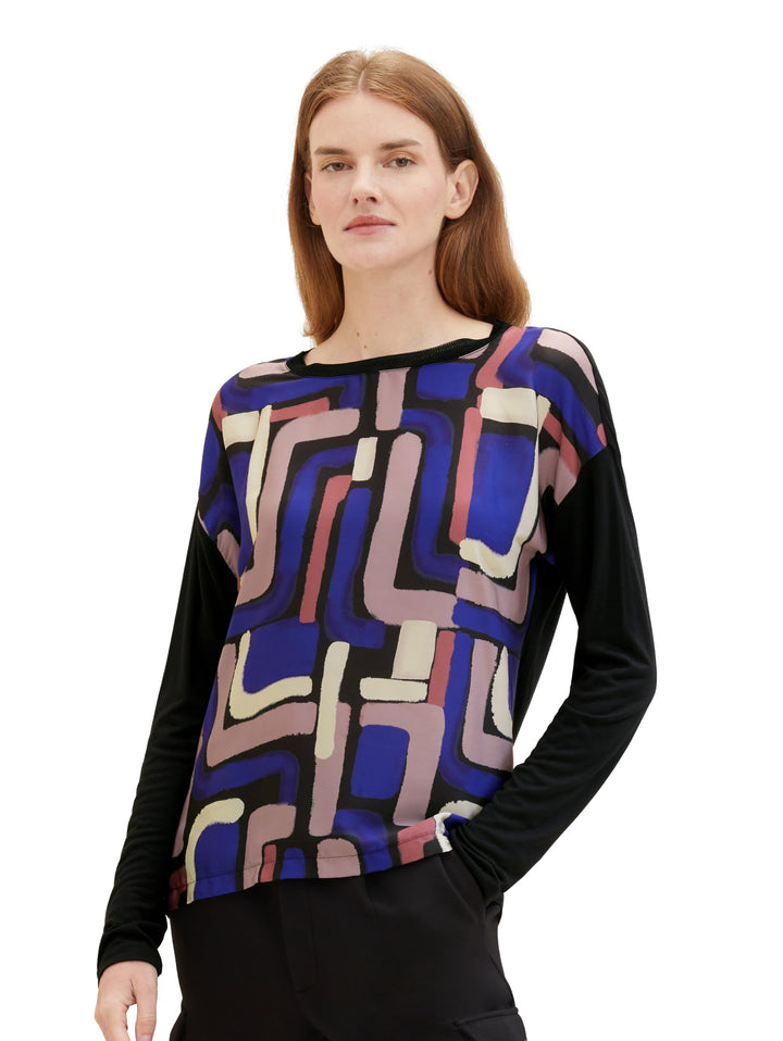 TOM TAILOR Damen Basic Langarmshirt mit Muster XXS 33970 - Black Abstract Design, XXS 33970 - Black