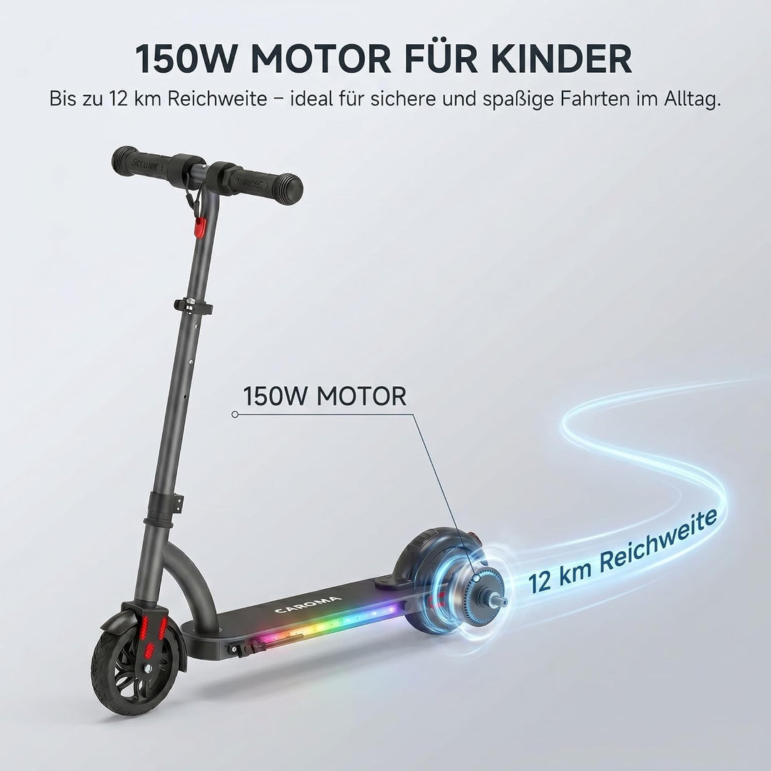 Caroma Kinder E Scooter für 6-12 Jahre, Doppeltes Bremssystem, 150W Motor bis 16 km/h, 12 km Reichwe