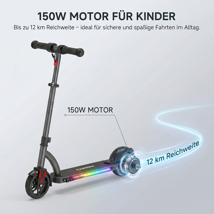 Caroma Kinder E Scooter für 6-12 Jahre, Doppeltes Bremssystem, 150W Motor bis 16 km/h, 12 km Reichwe