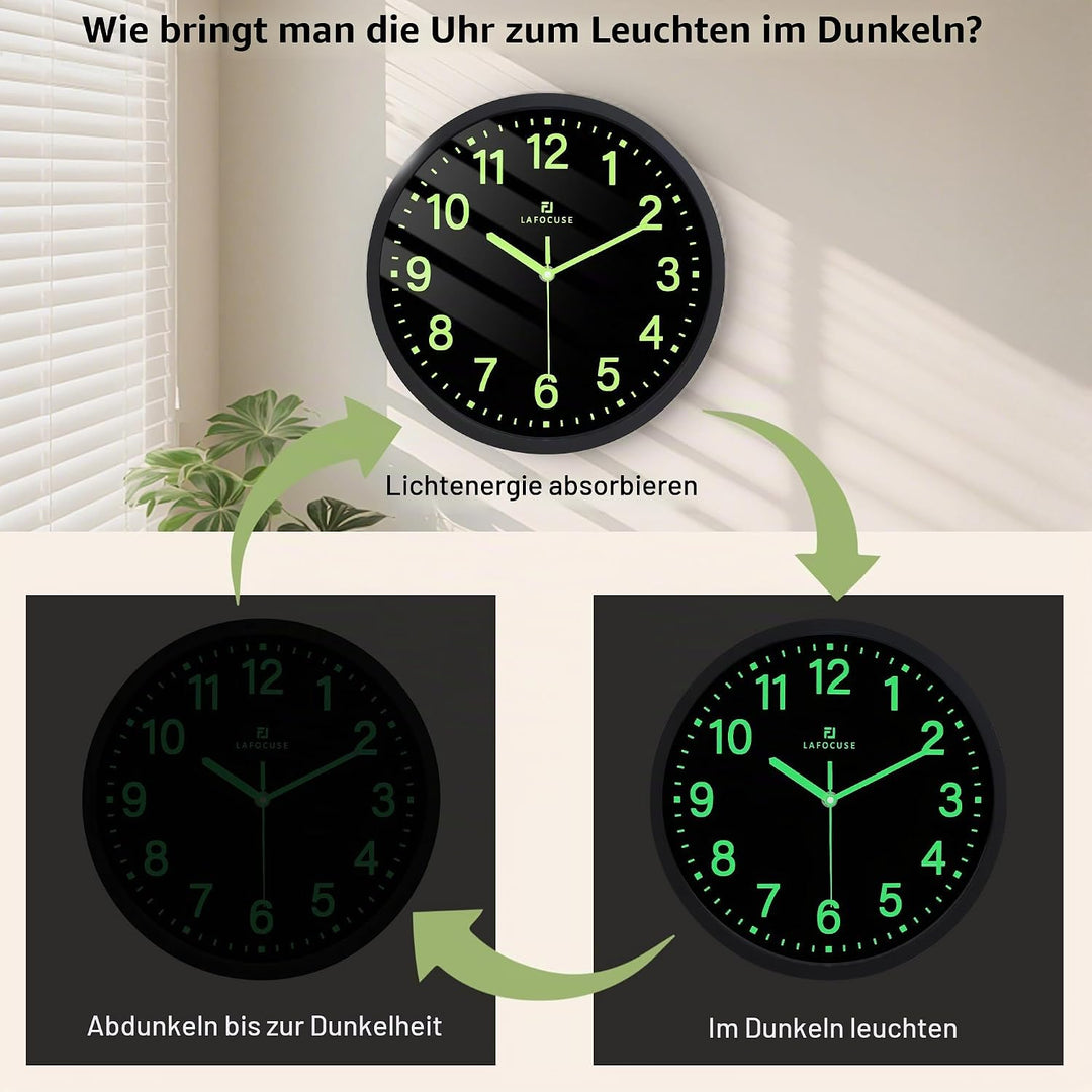 Lafocuse 30cm Leuchtend Wanduhr Schwarz Ohne TickgeräUsche Lautlos, Nachtlicht Wanduhren Modern Einf
