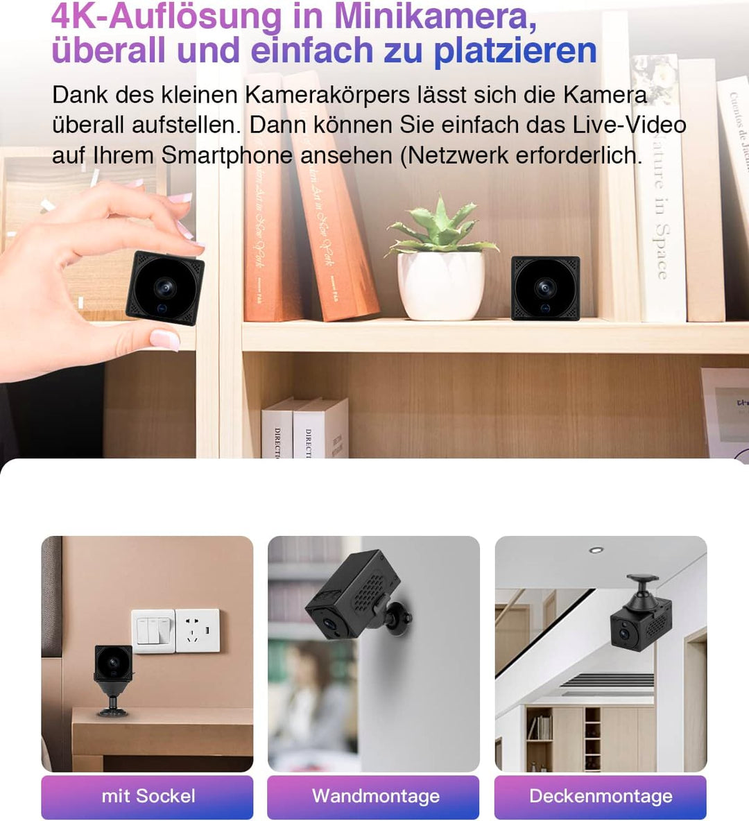 WIWACAM MW1-Pro Mini Kamera 4K HD WLAN 2600mAh Akku, Live Übertragung Handy App Kleine Überwachungsk