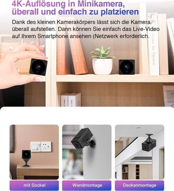 WIWACAM MW1-Pro Mini Kamera 4K HD WLAN 2600mAh Akku, Live Übertragung Handy App Kleine Überwachungsk