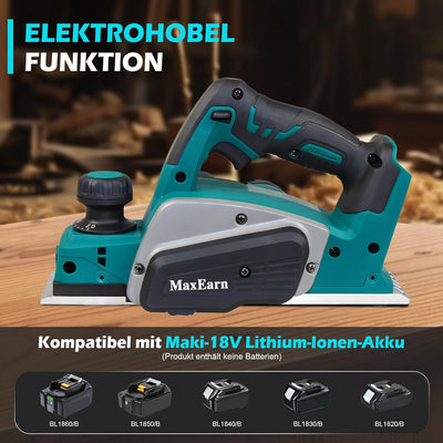 MaxEarn Akku Elektrohobel Holz, Automatischer Kabelloser Hobel für Makita 18V Akku, 82 mm Hobelbreit