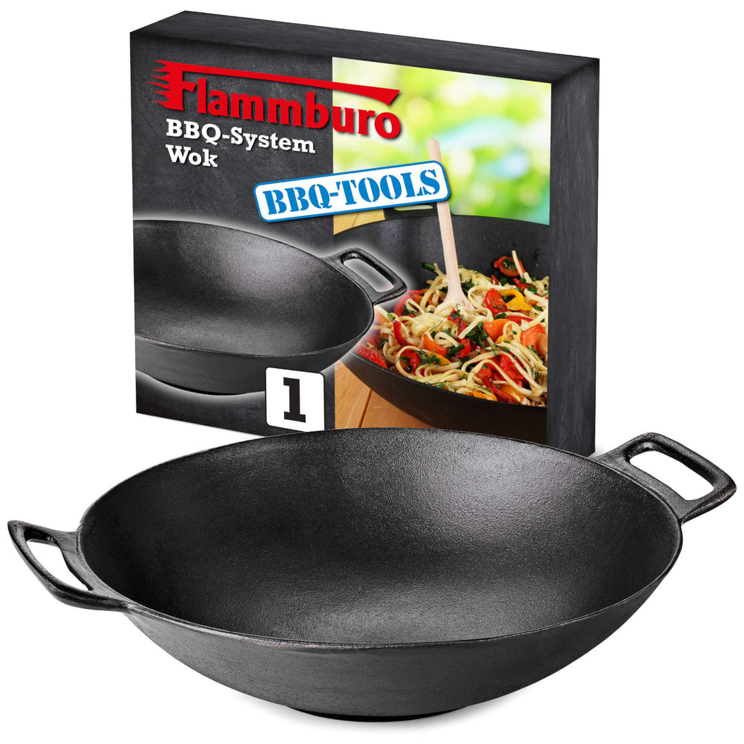 FLAMMBURO BBQ-SYSTEM Wok Ø 36 cm – Gusseisen mit porzellanemaillierter Beschichtung – Für Gemüse und