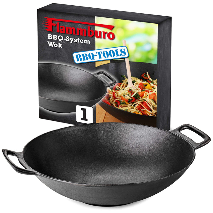 FLAMMBURO BBQ-SYSTEM Wok Ø 36 cm – Gusseisen mit porzellanemaillierter Beschichtung – Für Gemüse und