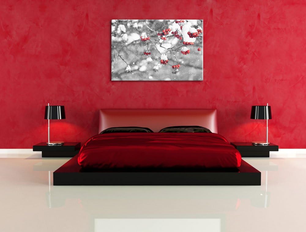 Pixxprint Vogelbeeren mit Schnee bedeckt Schwarz/Weiss, Format: 100x70 auf Leinwand, XXL riesige Bil