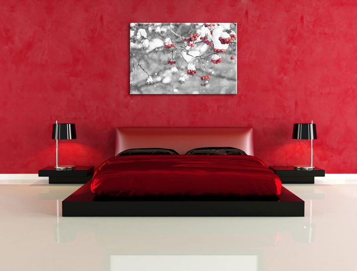 Pixxprint Vogelbeeren mit Schnee bedeckt Schwarz/Weiss, Format: 100x70 auf Leinwand, XXL riesige Bil
