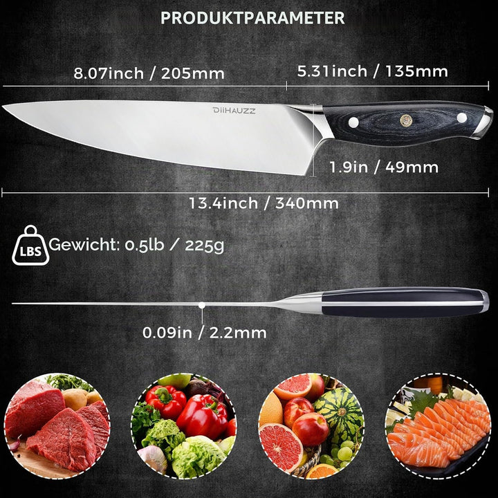 Kochmesser, 20 cm Klingenlänge Küchenmesser, Profi Fleischmesser aus Rostfreiem Edelstahl 5Cr15MoV,
