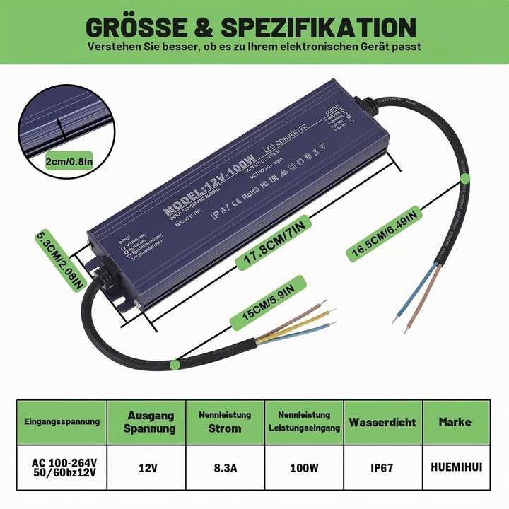 LED Trafo 12V 100W, IP67 Wasserdicht Transformator AC 100-264V auf DC 12V 8.3A LED Treiber, Ultradün