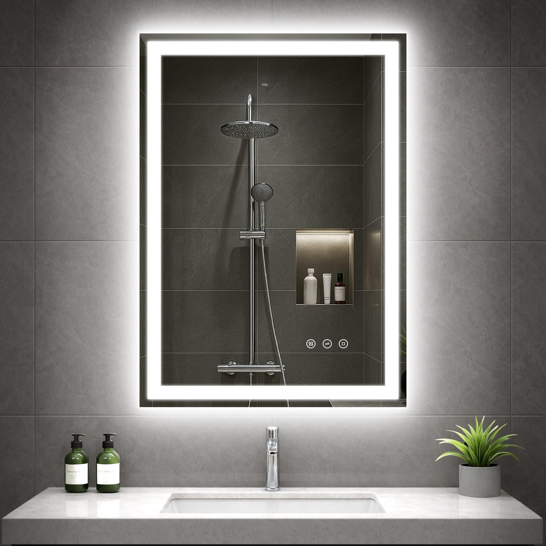 Badspiegel mit Beleuchtung, 50x70cm LED Spiegel mit Licht, 3 Farben Dimmbar, Antibeschlag, Memory-Fu