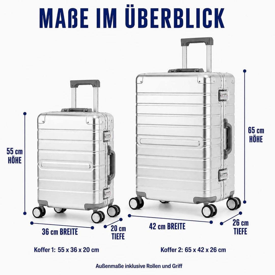 Travelhouse Oslo Alu Reisekoffer Silber S-55cm & M-65cm Hartschalenkoffer Reise Trolley Koffer Set S