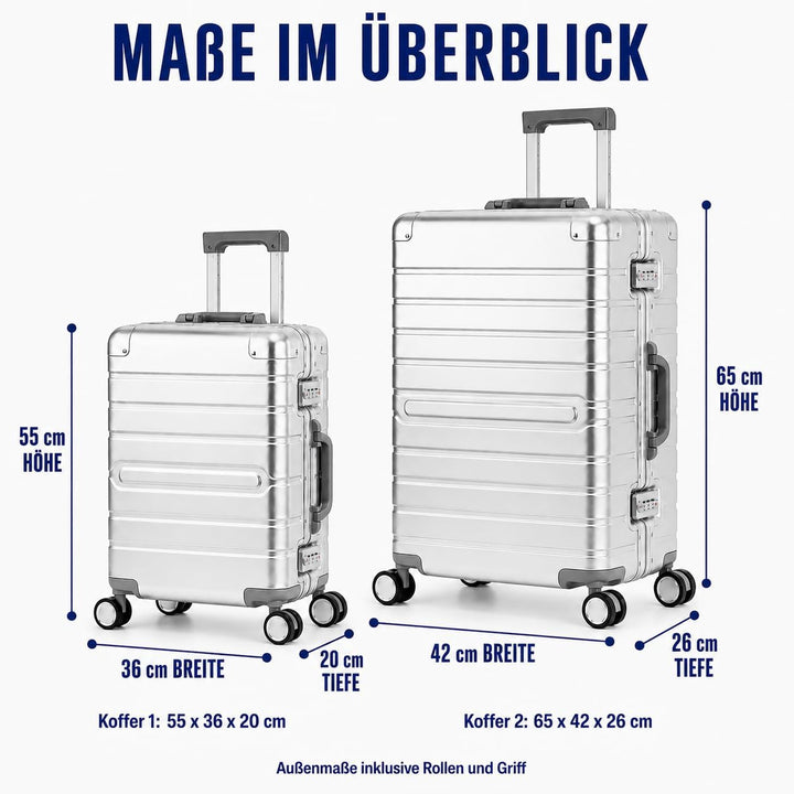 Travelhouse Oslo Alu Reisekoffer Silber S-55cm & M-65cm Hartschalenkoffer Reise Trolley Koffer Set S
