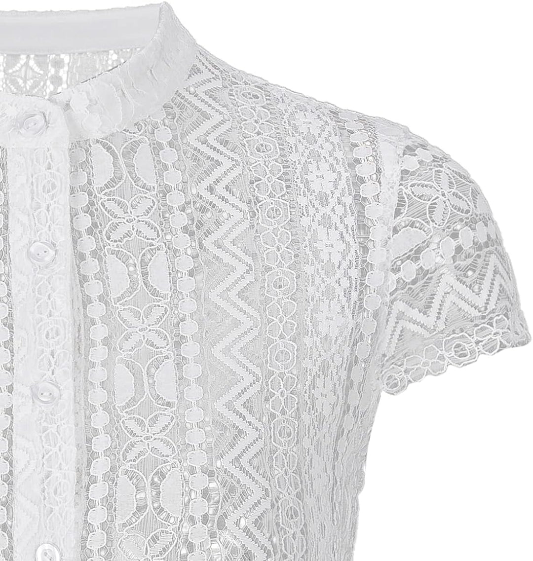 Kelliar Dirndl Bluse Damen Hochgeschlossen Elegant mit Spitze Komplexe Muster Dirndlbluse Kurzarm Tr