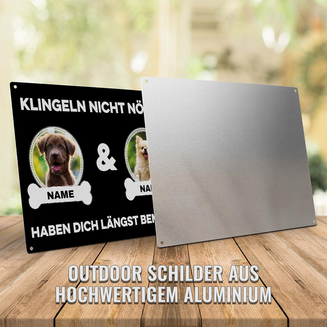 Hunde Schild personalisiert - Klingeln nicht nötig - Metallschild mit Foto und Name für aussen, wett