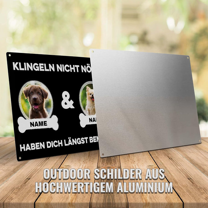 Hunde Schild personalisiert - Klingeln nicht nötig - Metallschild mit Foto und Name für aussen, wett