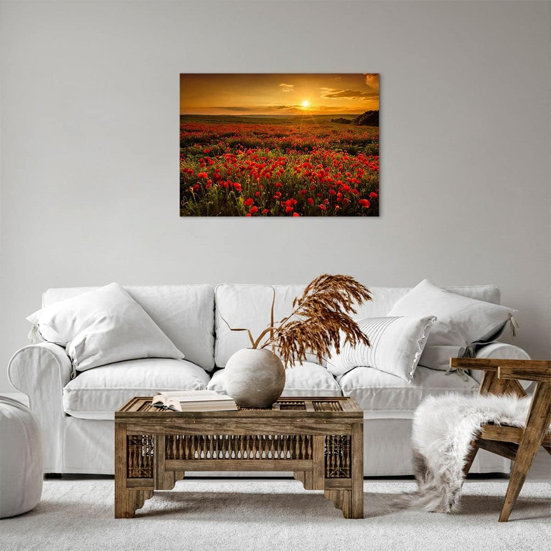 Bilder auf Leinwand Mohn Blume Wiese Leinwandbild mit Rahmen 70x50cm Wandbilder Dekoration Wohnzimme