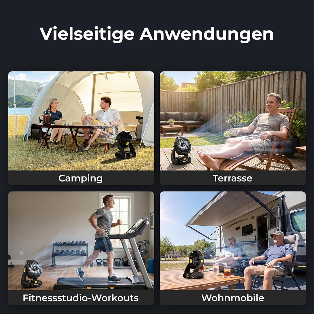 BougeRV F02 Camping Ventilator mit Akku 72 Std. Stufenlos 7,5m/s, AC/DC | 144Wh Akku Laufzeit, Tragb