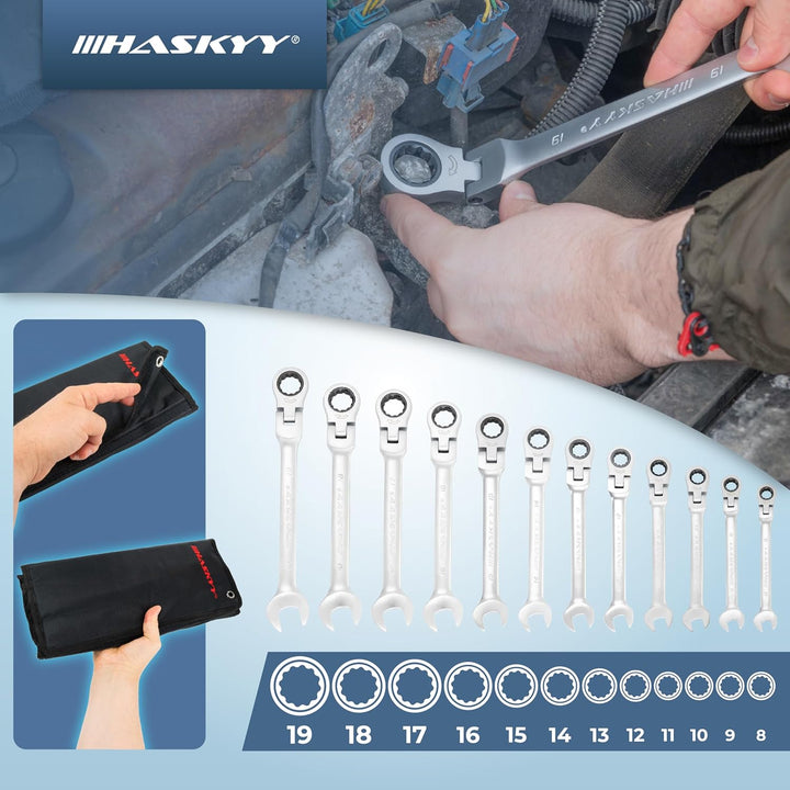 Haskyy 12-Tlg Gelenk-Ratschenschlüssel Satz I Set 8-19 mm I Gabelschlüssel Ratsche