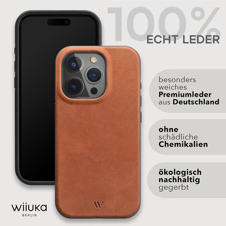 WIIUKA Hülle für iPhone 15 Pro, Leder aus Deutschland, Lederhülle extra Dünn, Premium Handyhülle, Ca