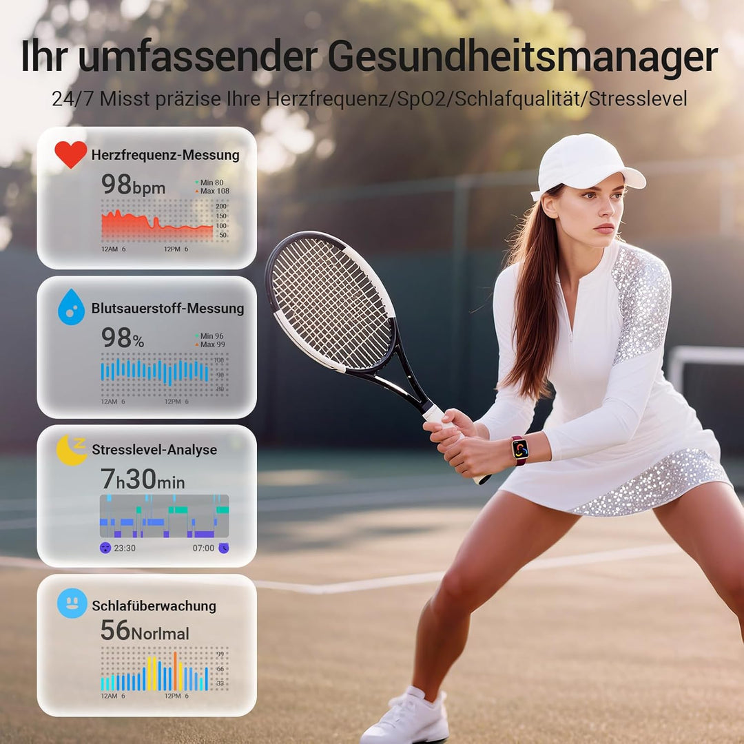 Smartwatch Damen Herren mit Telefonfunktion, 1,85" Smart Watch Fitnessuhr, 110+ Sportmodi, Herzfrequ