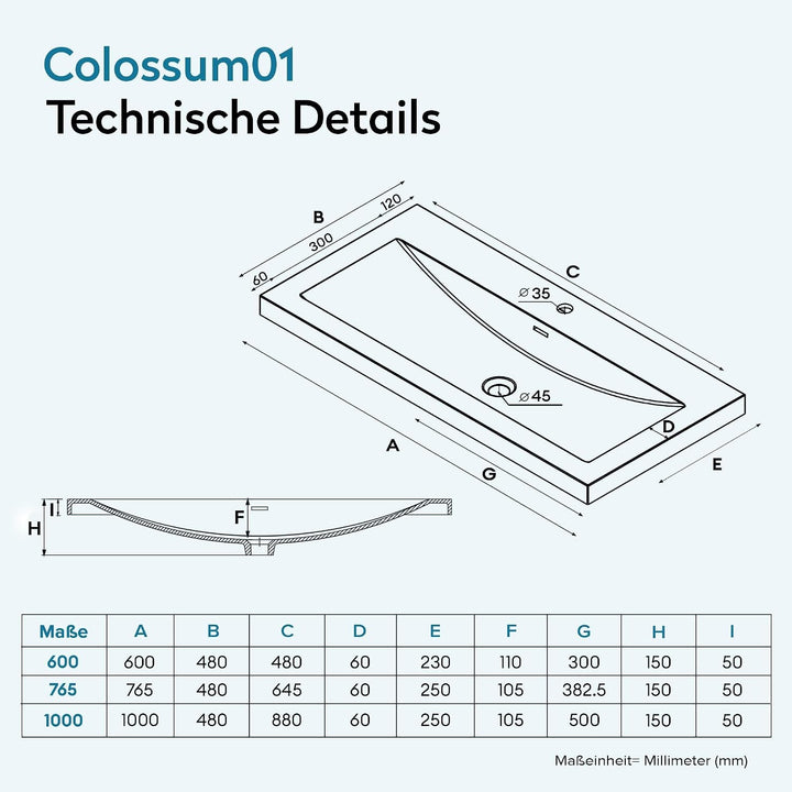 Design Waschbecken Colossum01, Matt Anthrazit aus Gussmarmor, Waschtisch, Waschplatz, Einbauwaschbec
