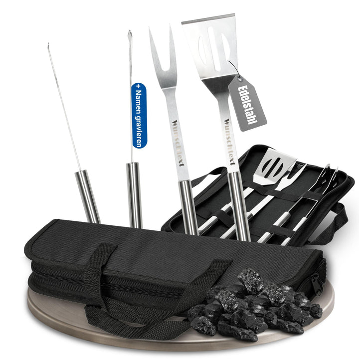 Personalisiertes 3er Grillset mit Tasche - Edelstahl Grillzange, Grillgabel und Wender - personalisi