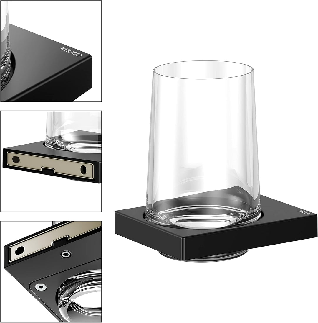 KEUCO Zahnputzbecher-Halter schwarz-matt und Kristallglas klar, Glas mit Halter für Badezimmer, Zahn