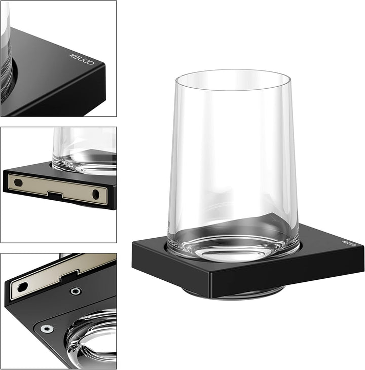 KEUCO Zahnputzbecher-Halter schwarz-matt und Kristallglas klar, Glas mit Halter für Badezimmer, Zahn