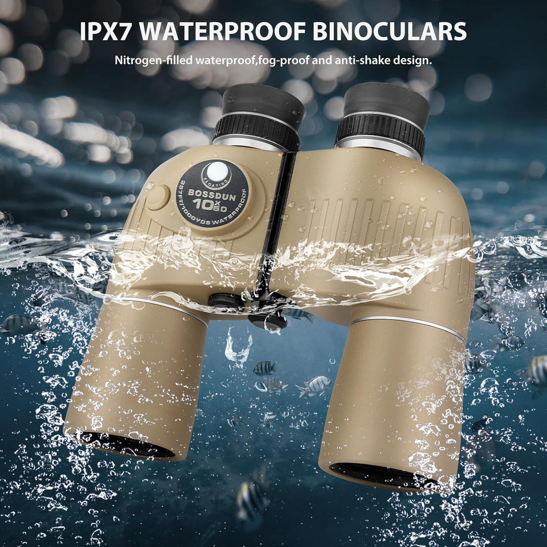 10x50 Marine Fernglas mit beleuchtetem Entfernungsmesser und Kompass, IPX7 wasserdicht, BAK4-Prismen