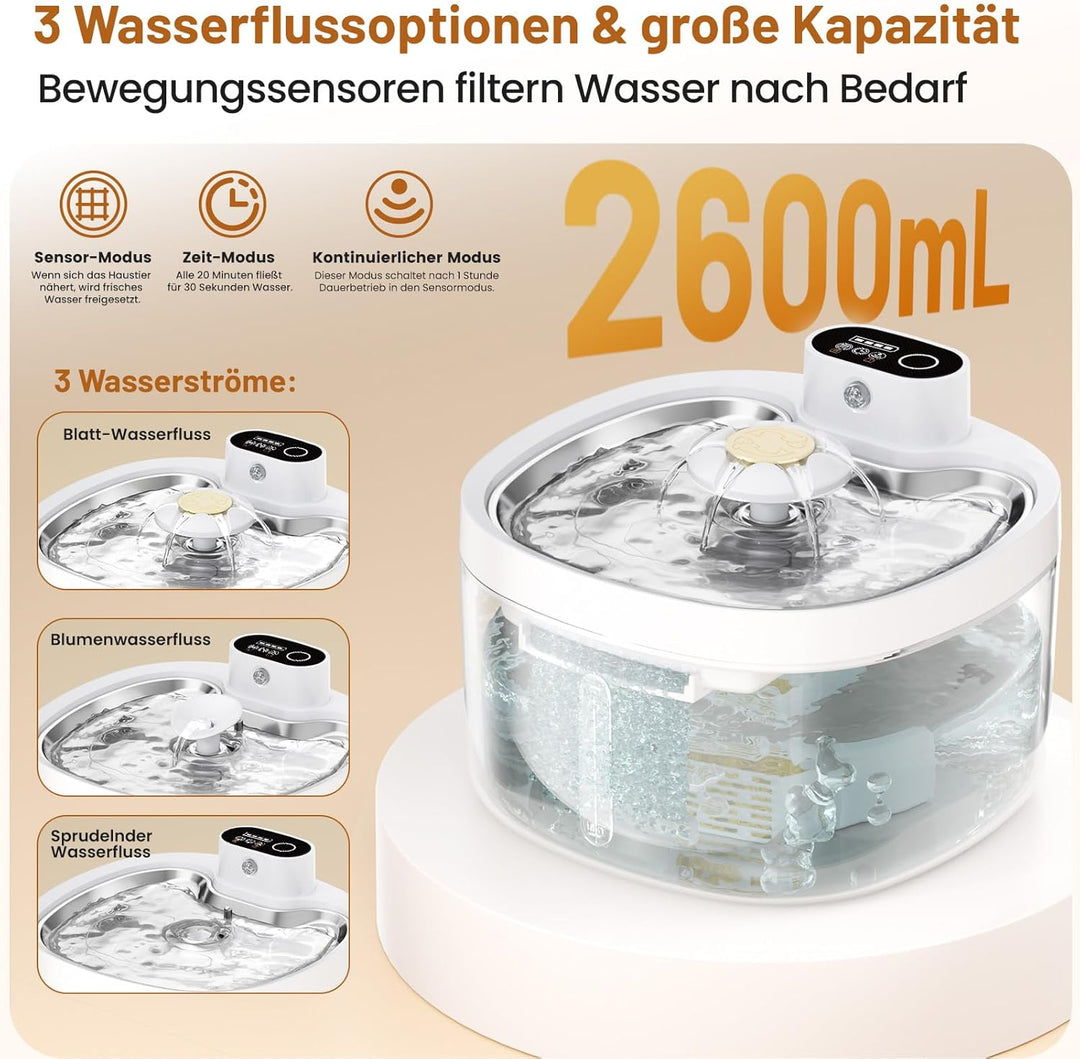 Katzenbrunnen, 2.6L Trinkbrunnen für Katze mit 4 Filter, Leise Katzenbrunnen Kabellos mit Bewegungsm