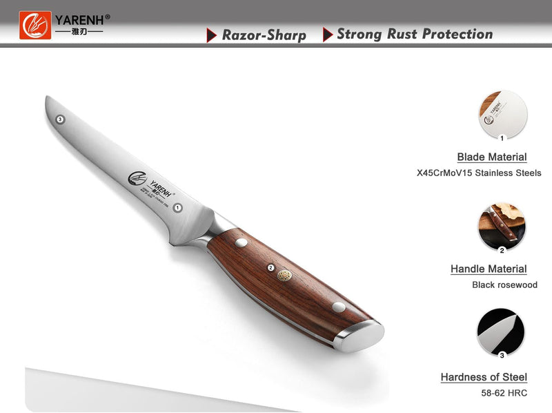 YARENH Scharfes Filetiermesser aus Edelstahl mit 17 cm Langer Klinge und Natürlichem Holzgriff - Ide