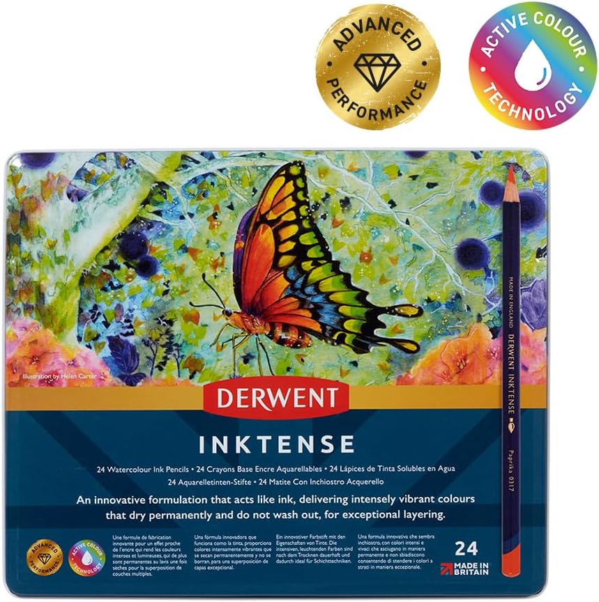 Derwent Inktense Permanent wasserlösliche Aquarellstifte, 24er Set in Metallbox, 4 mm Premium-Kernst