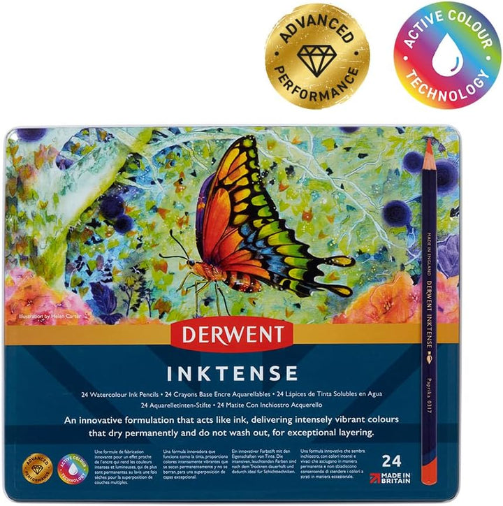 Derwent Inktense Permanent wasserlösliche Aquarellstifte, 24er Set in Metallbox, 4 mm Premium-Kernst