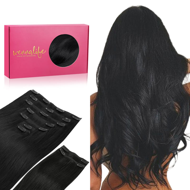 WENNALIFE Clip In Extensions Echthaar, 150g 35cm 9pcs Tief Schwarz Clip In Extensions Hair Extension