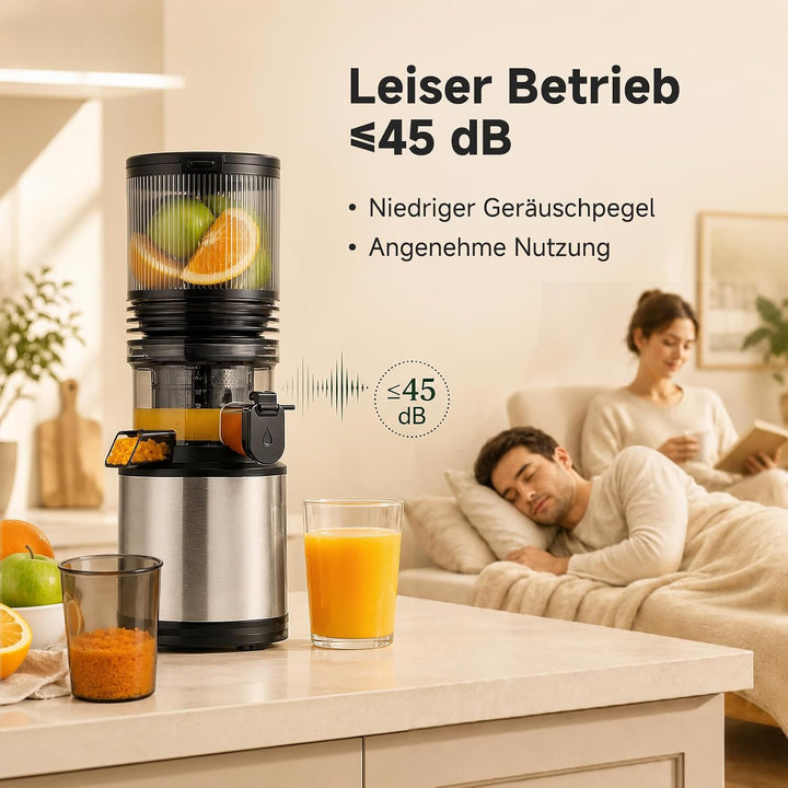 AMZCHEF Entsafter - Slow Juicer mit 158 mm grossem Einfüllschacht Extra Large Silber/Schwarz, Extra