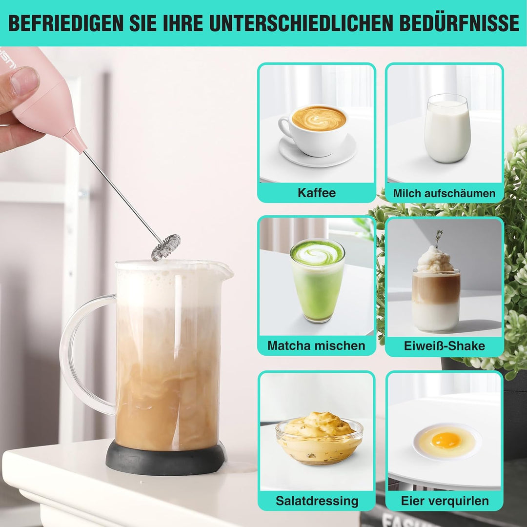 HAUSHOF Milchaufschäumer Stab, Wiederaufladbarer Hand-Milchschäumer, mit Schneebesen aus Edelstahl,