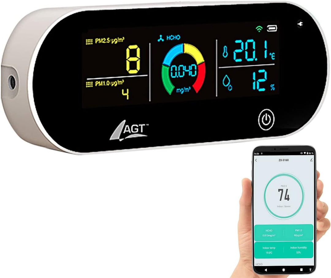 AGT Raumluftmessgerät: 5in1-Akku-Luftqualitätsmesser, HCHO, PM1/2,5, Temperatur u.v.m., App (Partike