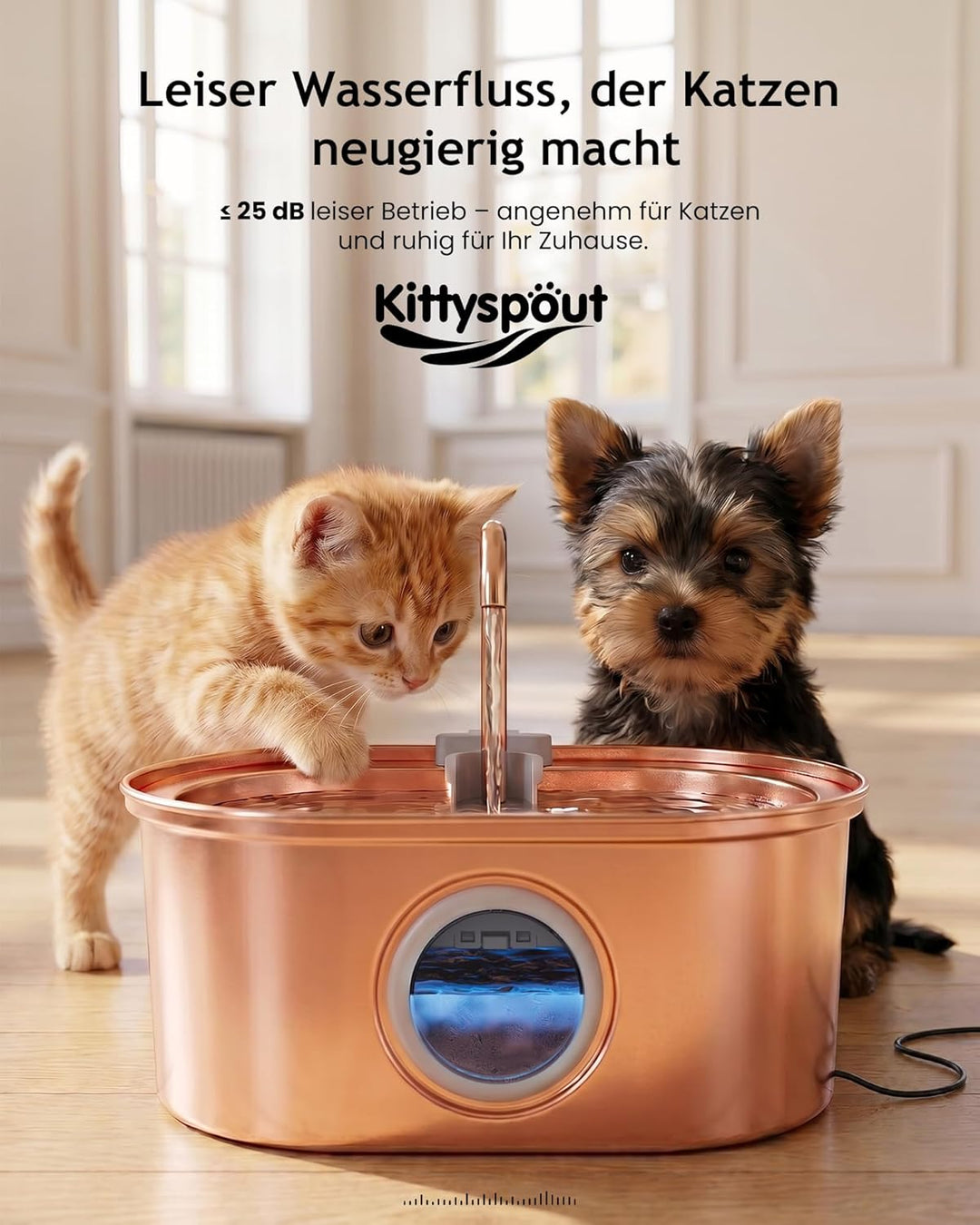 Kittyspout Katzenbrunnen 3,2L aus 304 Edelstahl, mit sichtbarem Wasserstand, leiser Pumpe und Filter