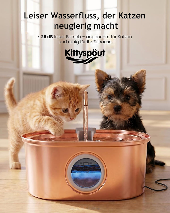 Kittyspout Katzenbrunnen 3,2L aus 304 Edelstahl, mit sichtbarem Wasserstand, leiser Pumpe und Filter