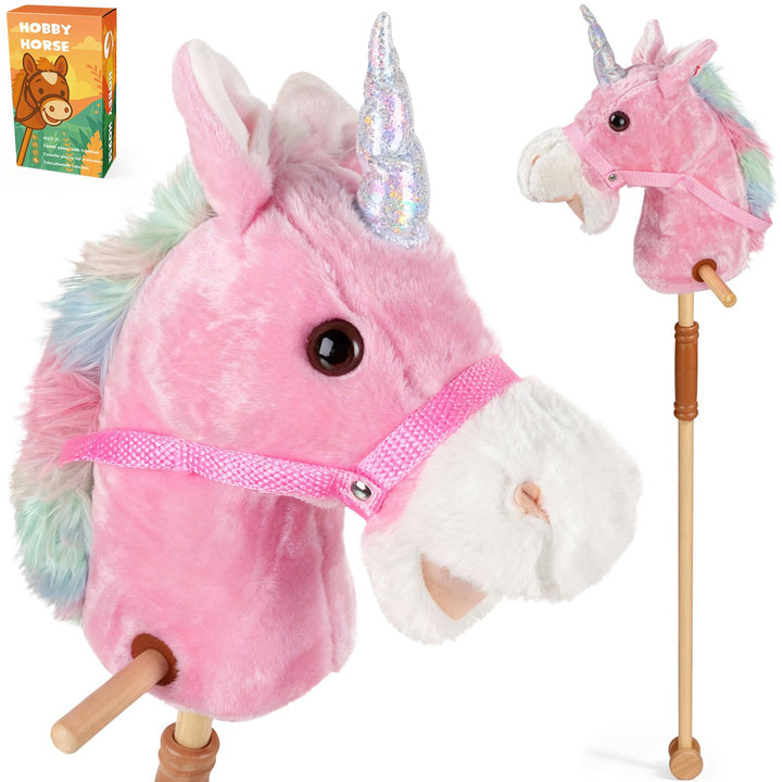 IEEILULU Hobby Horse, Steckenpferd Kinder Rosa, Holzpferd für Draussen mit Hobby Horse Trense, Räder