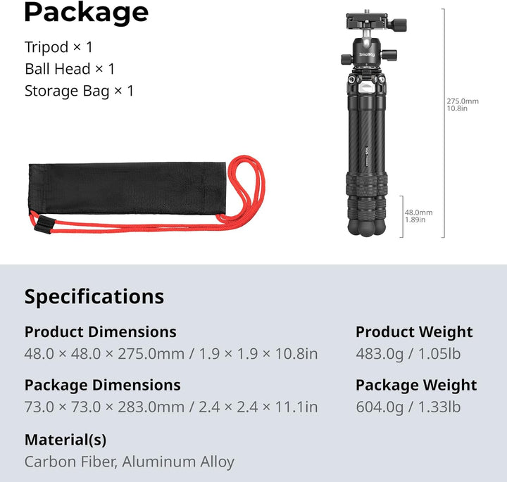 SMALLRIG Mini-Tischstativ aus Kohlefaser, Trípode 395mm/15,5Zoll kompaktes Tischstativ-Set im Tasche